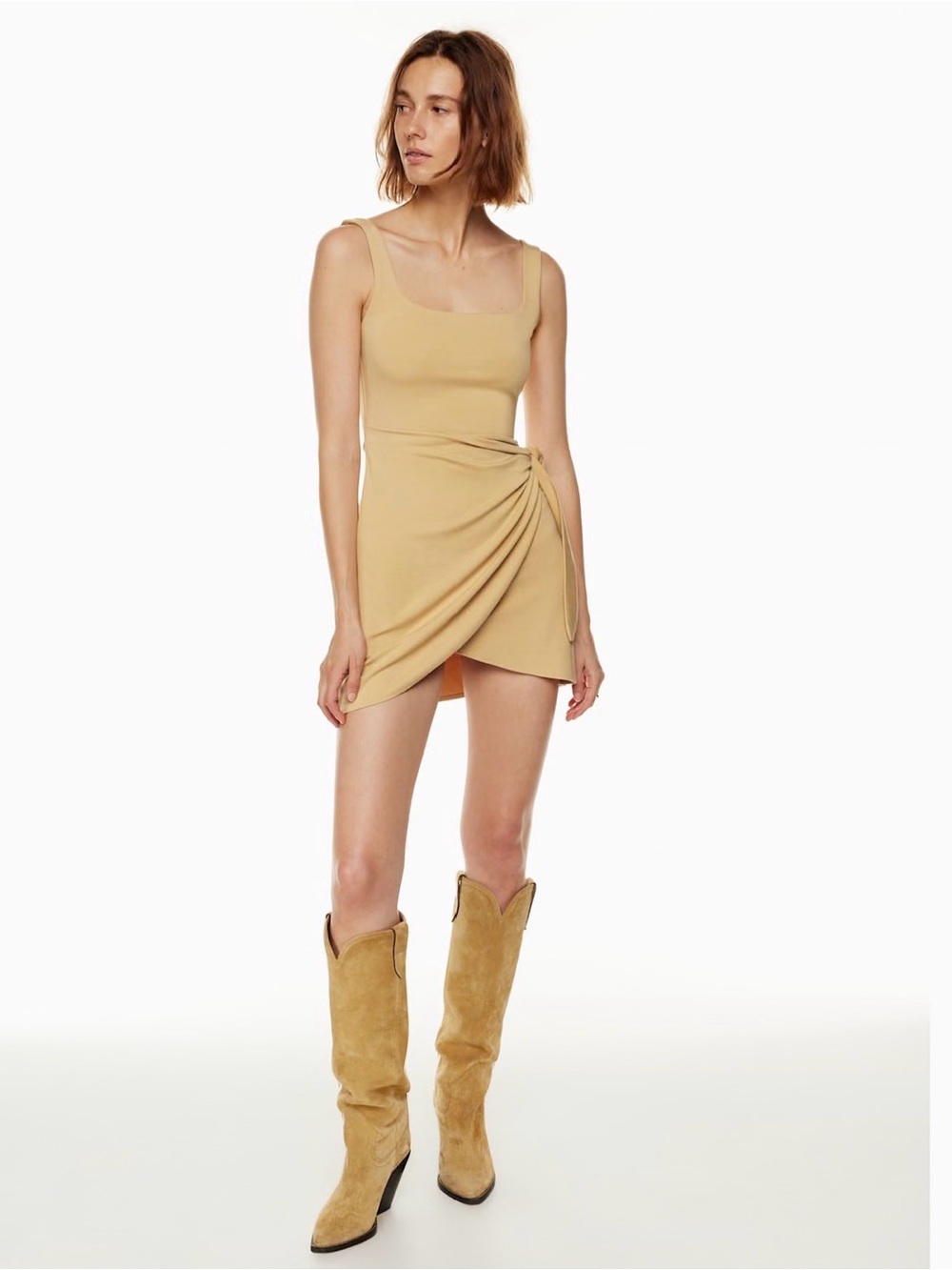 Aritzia Wilfred Saturn Wrap Bodycon Mini Dress Sandy Beige Small - Picture 3 of 14
